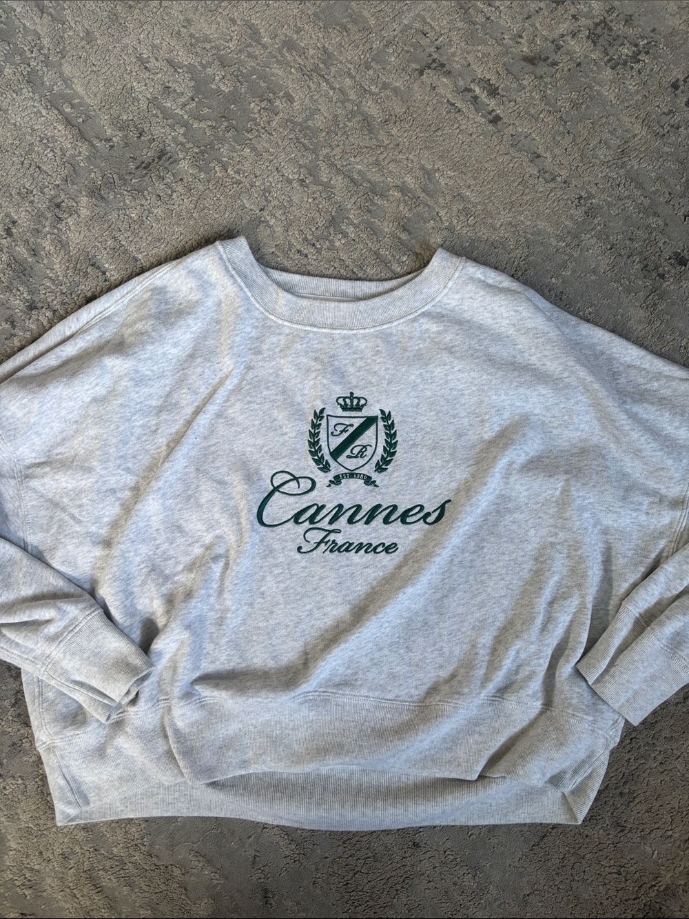 Abercrombie & Fitch Light Gray Crewneck with Green Cannes Script